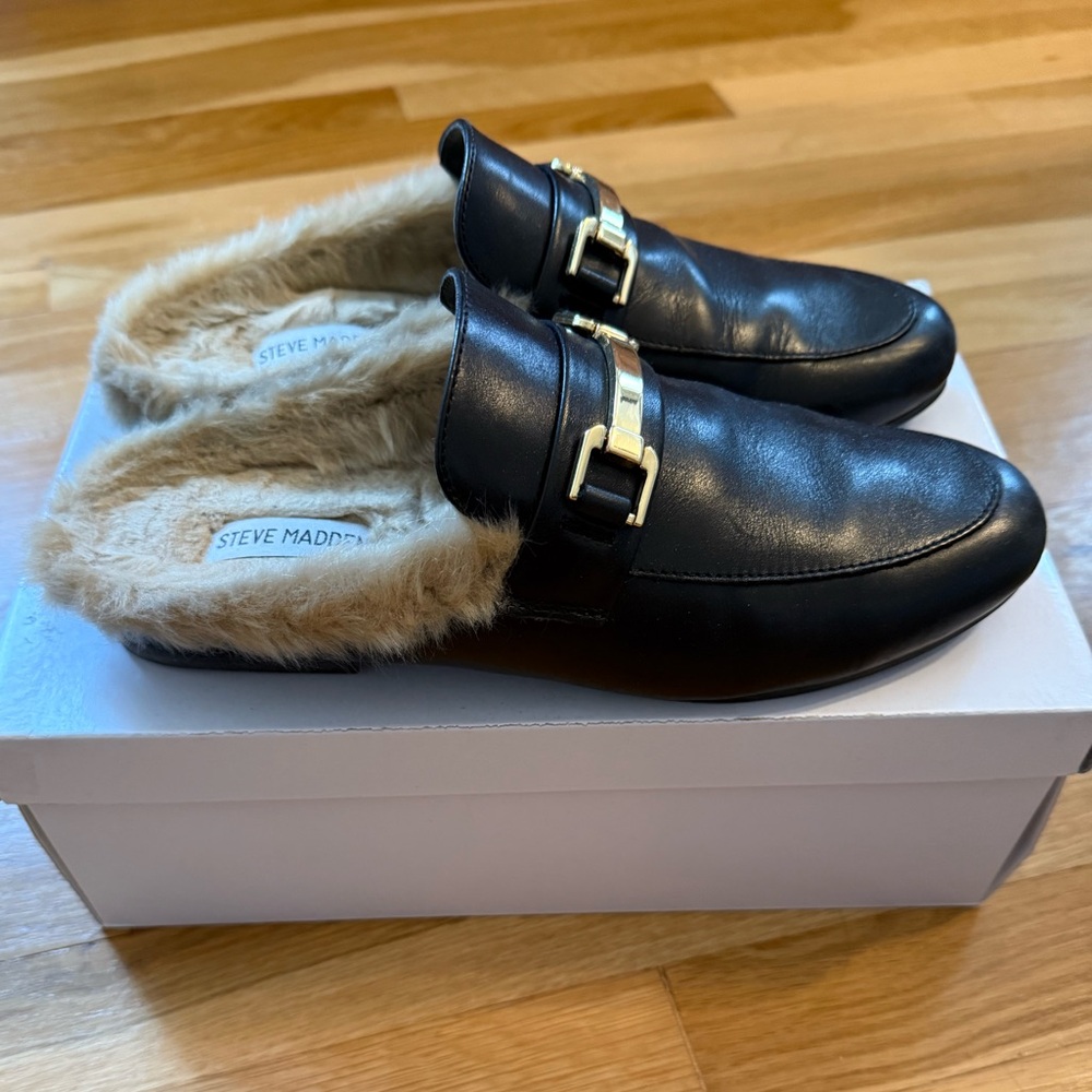 Steve Madden Khloe Black Leather Mules with Fur and Gold Buckle